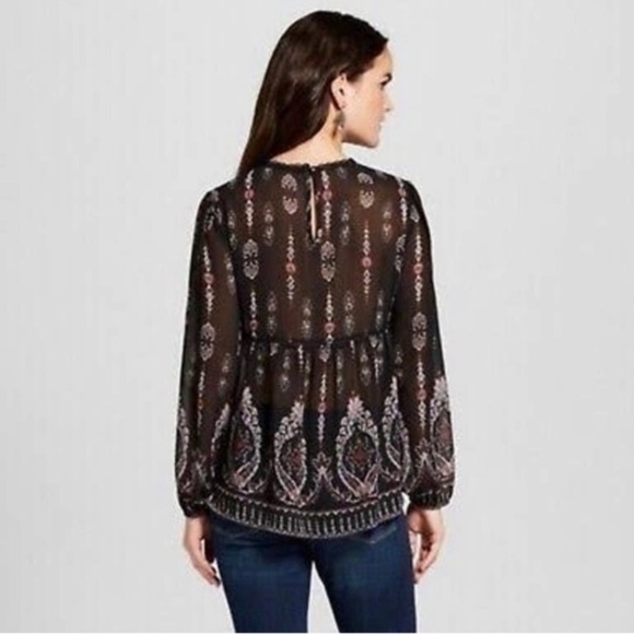 Knox Rose Boho Fairycore Goth Velvet Detail Peasant Blouse Black Pink Sheer Sz L - Picture 5 of 13